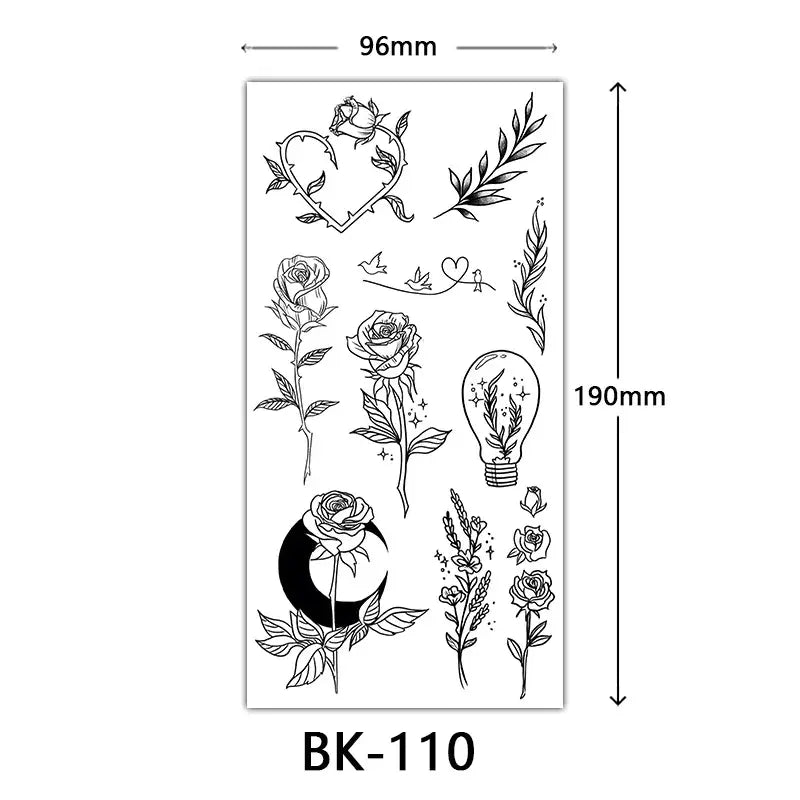 Black Large Flower False Tattoo Sticker For Women Rose Peony Temporary DIY Water Transfer Tattoos Girls Hand Back Body Art