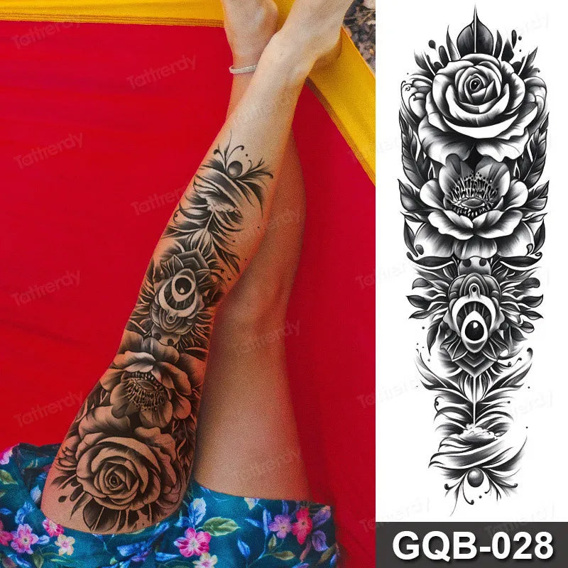 Rose Peony Flower Temporary Tattoo Full Arm Sleeve Leg Thigh Waist Women Body Art Waterproof Tattoo Stickers Large Size 48*17Cm