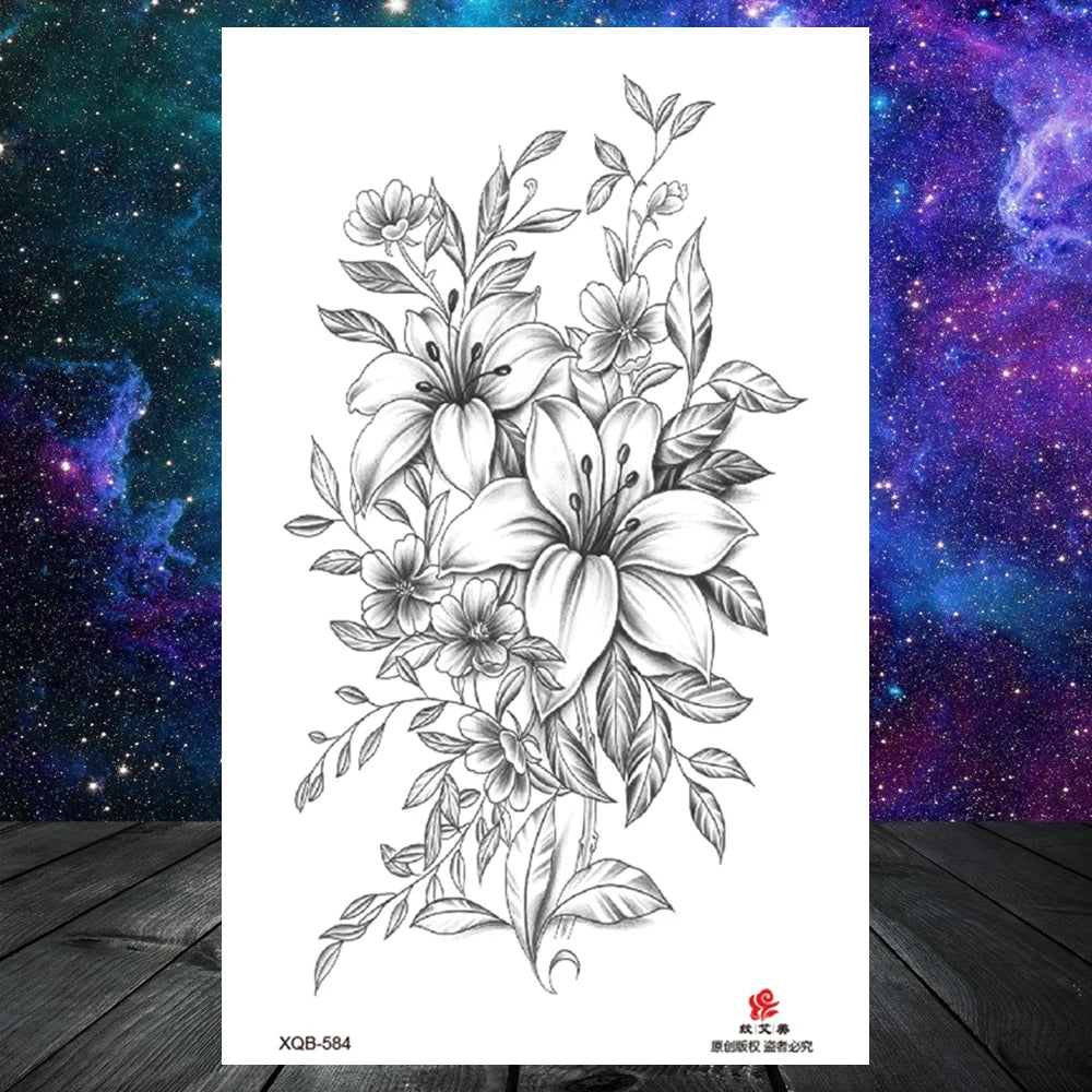 Lotus Flower Temporary Tattoo For Women Girls Snake Peony Lily Rose Chains Tattoos Sticker Black Blossom Fake Transferable Tatoo