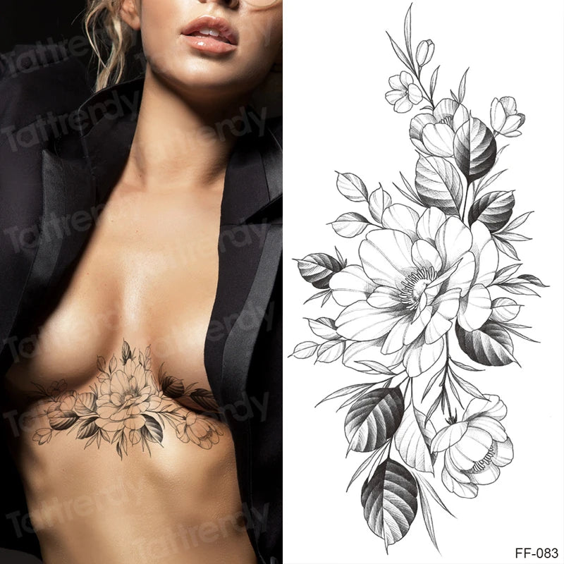 Temporary Tattoo Black Flower Tattoo Sleeves Water Transfer Tatoo Sticker Peony Rose Tattoos Body Art Sexy Tatoo Girl Arm Legs