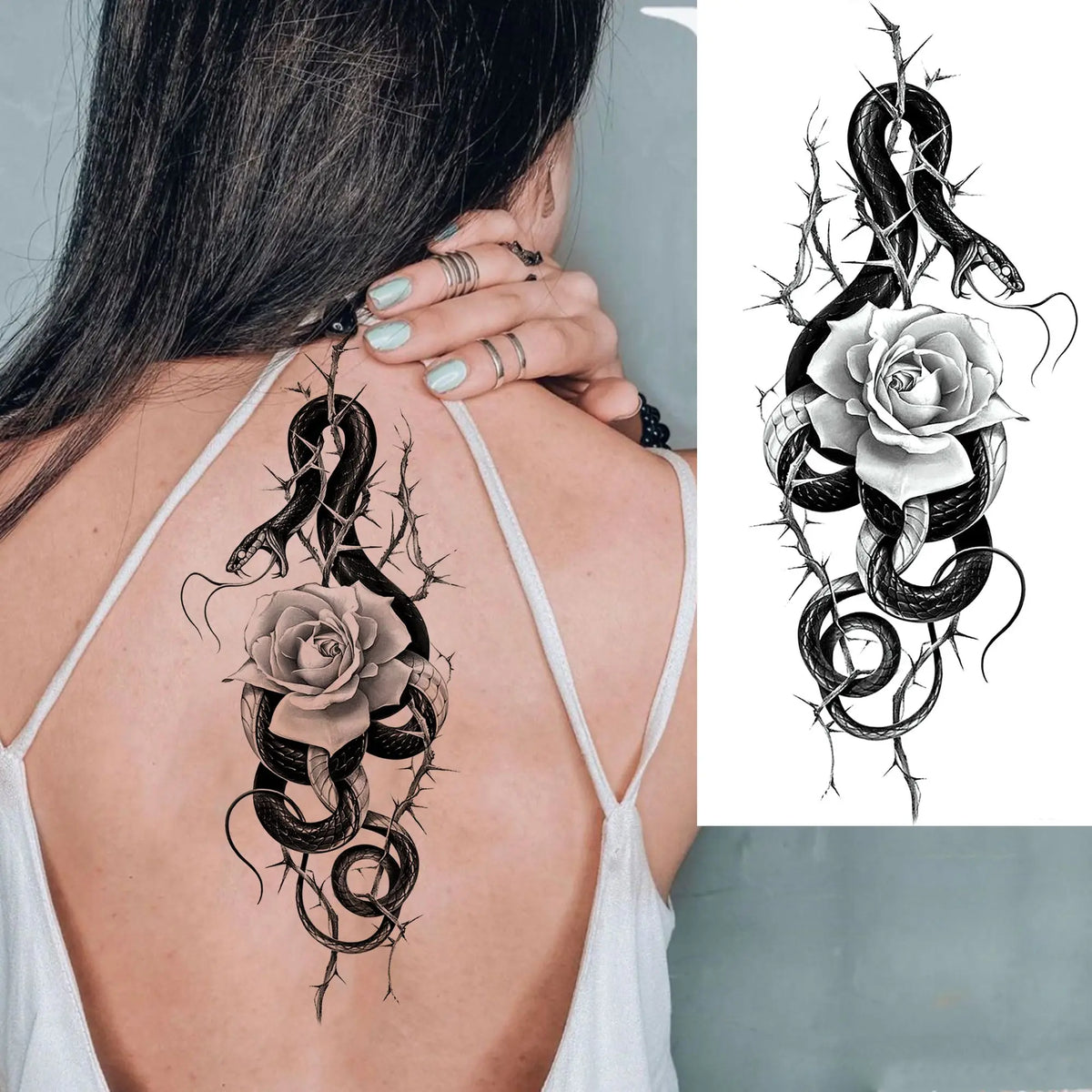 1 Sheet Snake With Rose Flowers Temporary Tattoos For Women Girls Waterproof Realistic Fake Tattoos Long Lasting Arm Leg Sticker