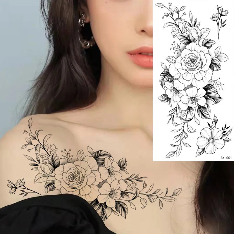 Temporary Rose Flower Skin Tattoo Stickers Removable Blossom Flase Tattoos for Apart Arm and Shoulder Neck Back Flower Tattoos