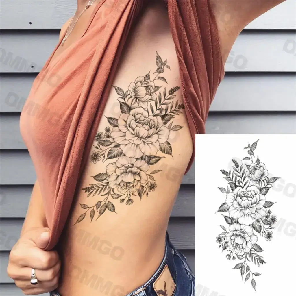 3D Black Mandala Moon Pendant Temporary Tattoos For Women Adult Girl Lotus Rose Flower Fake Tattoo Back Arm Chest Washable Tatoo