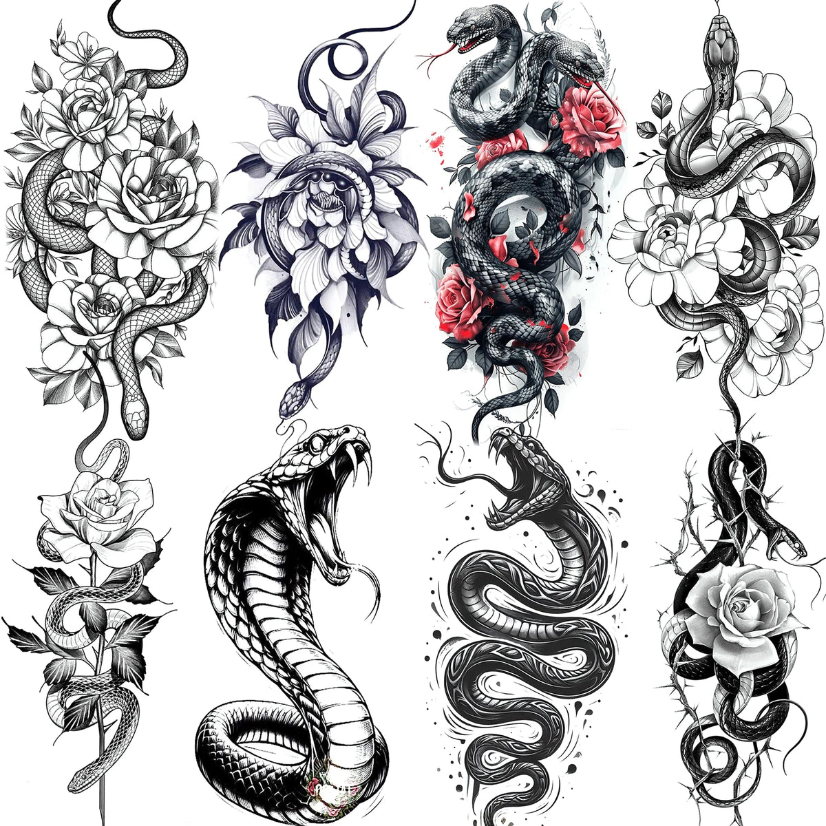 1 Sheet Snake With Rose Flowers Temporary Tattoos For Women Girls Waterproof Realistic Fake Tattoos Long Lasting Arm Leg Sticker