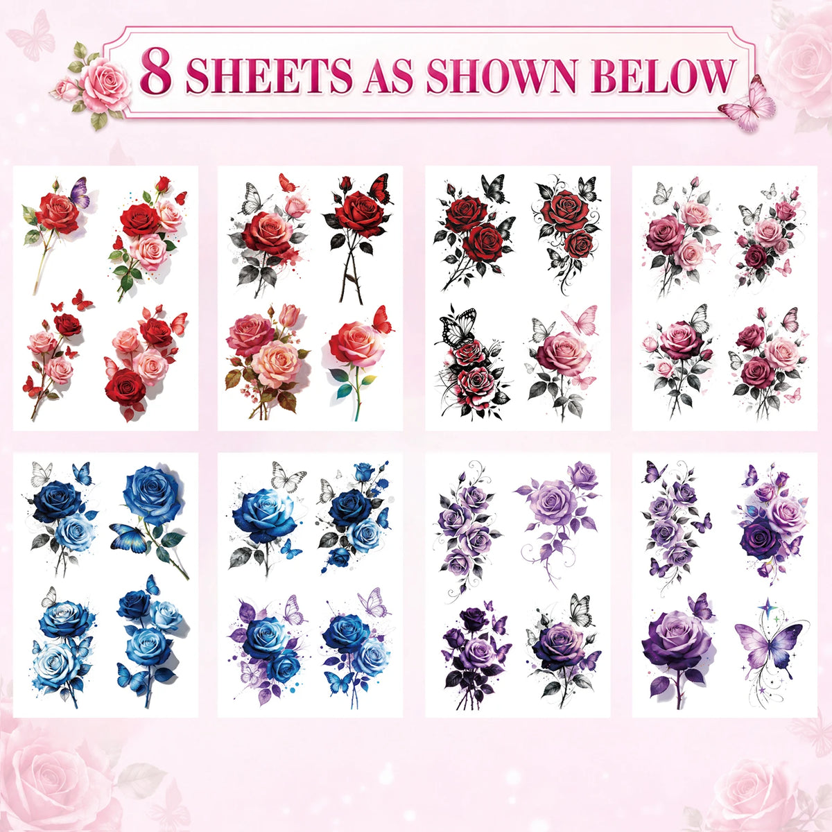 8 Sheets Watercolor Rose Flowers Temporary Tattoos For Women Adults, Realistic Florals Fake Tattoo Stickers , Colorful Bulk Half