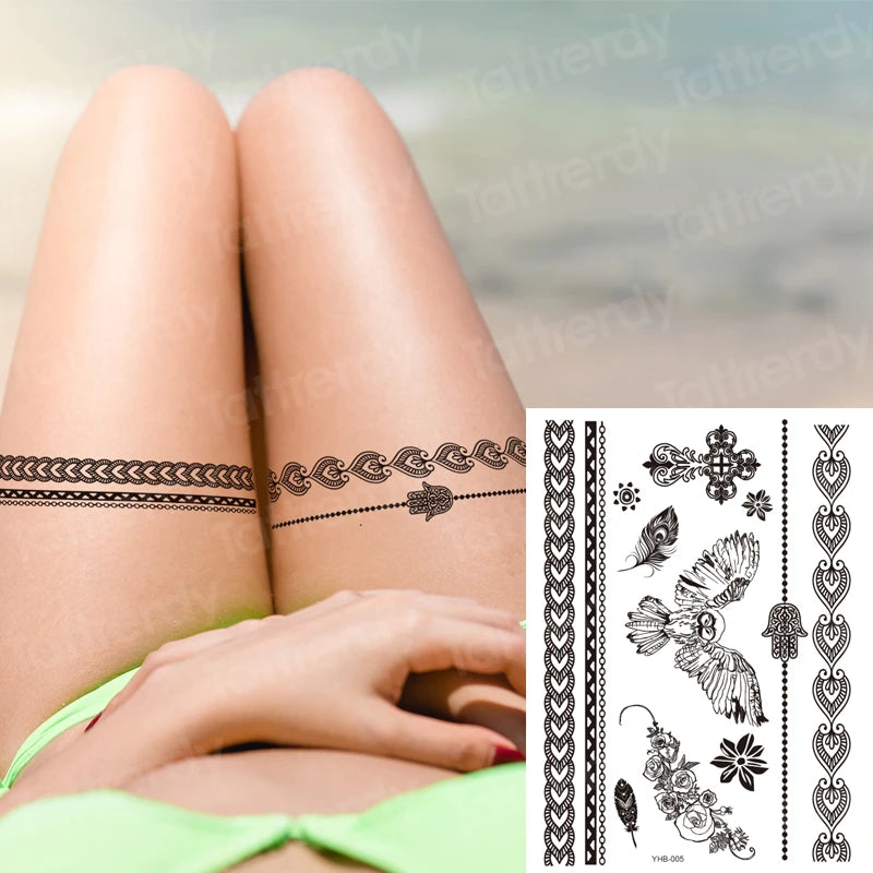 sexy tattoo for women thigh tattoo body art black henna lace tattoo sticker girls leg arm sleeve tatoo stockings waterproof