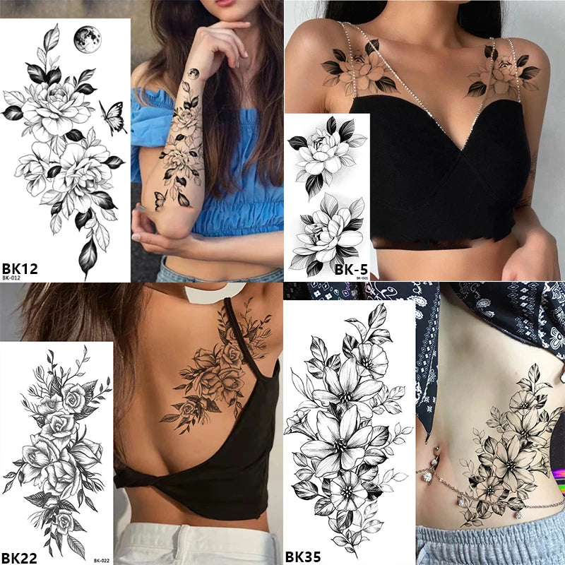 Temporary Rose Flower Skin Tattoo Stickers Removable Blossom Flase Tattoos for Apart Arm and Shoulder Neck Back Flower Tattoos