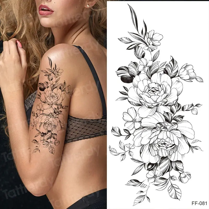 Temporary Tattoo Black Flower Tattoo Sleeves Water Transfer Tatoo Sticker Peony Rose Tattoos Body Art Sexy Tatoo Girl Arm Legs