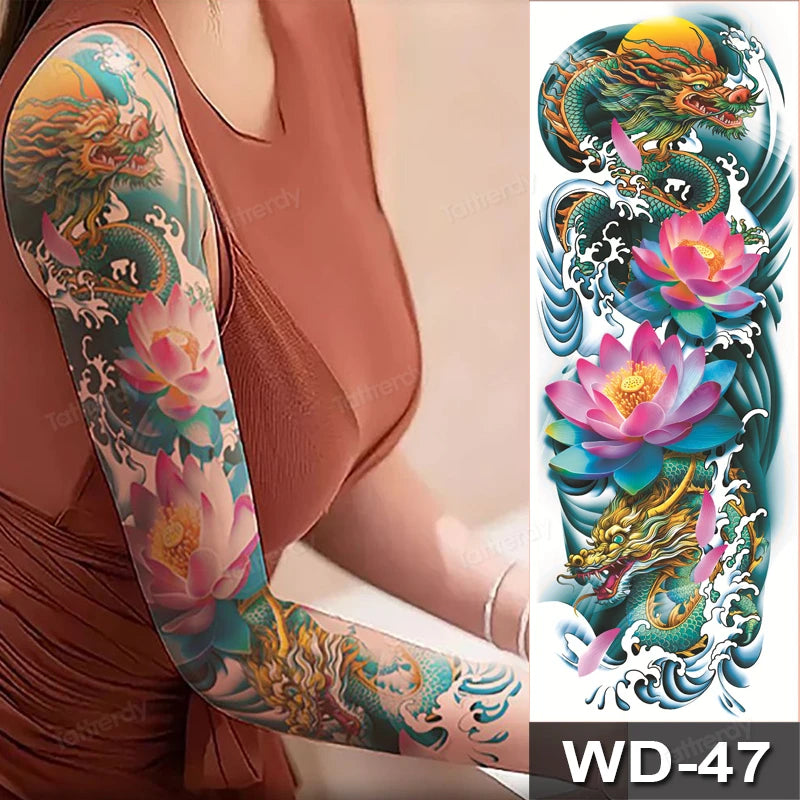Large Arm Sleeve Tattoo Waterproof Temporary Tattoo Full Arm Body Art Stickers Women Adult Man Tattoo Wolf Lion Head Rose Flower