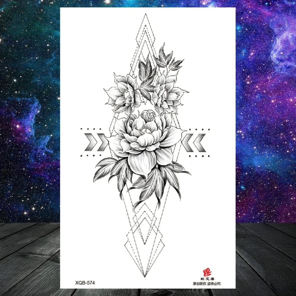 Lotus Flower Temporary Tattoo For Women Girls Snake Peony Lily Rose Chains Tattoos Sticker Black Blossom Fake Transferable Tatoo