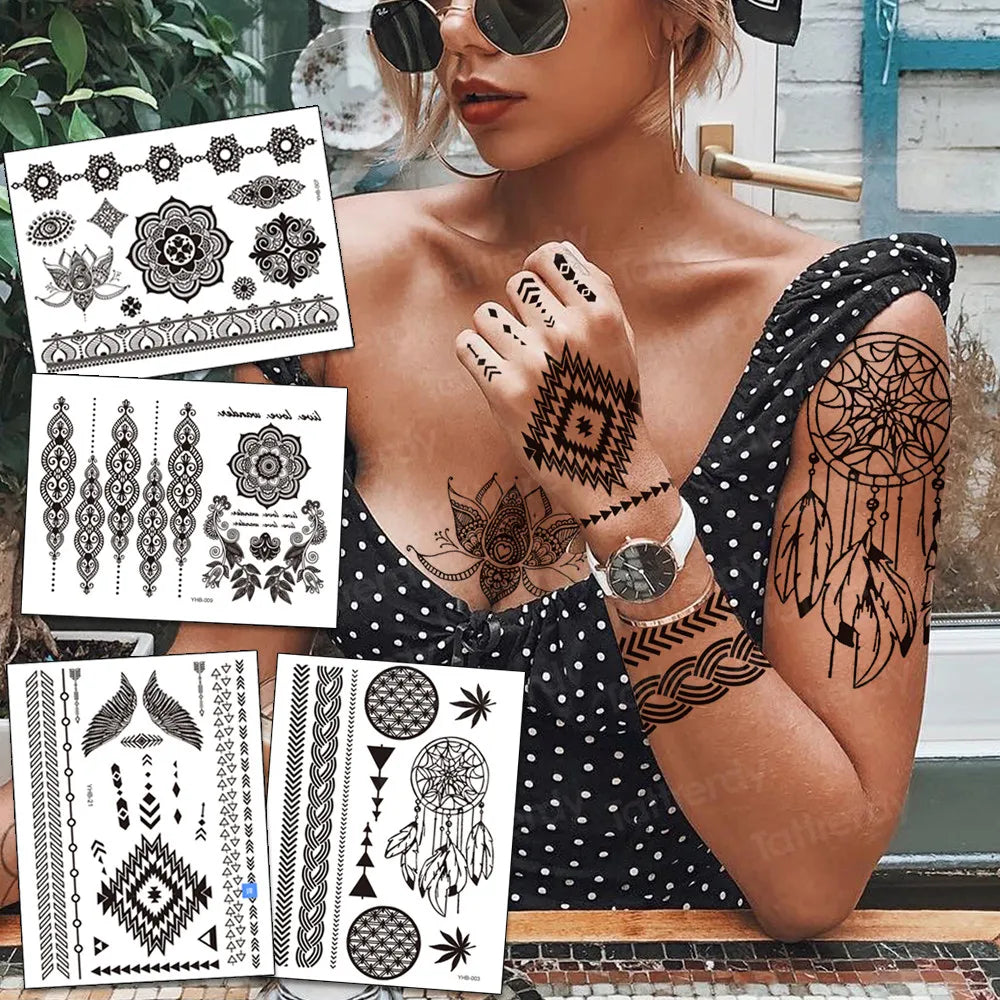 wrist bracelet tattoo henna lace pattern black sexy indian mandala temporary tattoo sticker hand rose tatoo flower jewelry decal