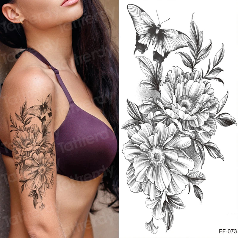 Temporary Tattoo Black Flower Tattoo Sleeves Water Transfer Tatoo Sticker Peony Rose Tattoos Body Art Sexy Tatoo Girl Arm Legs
