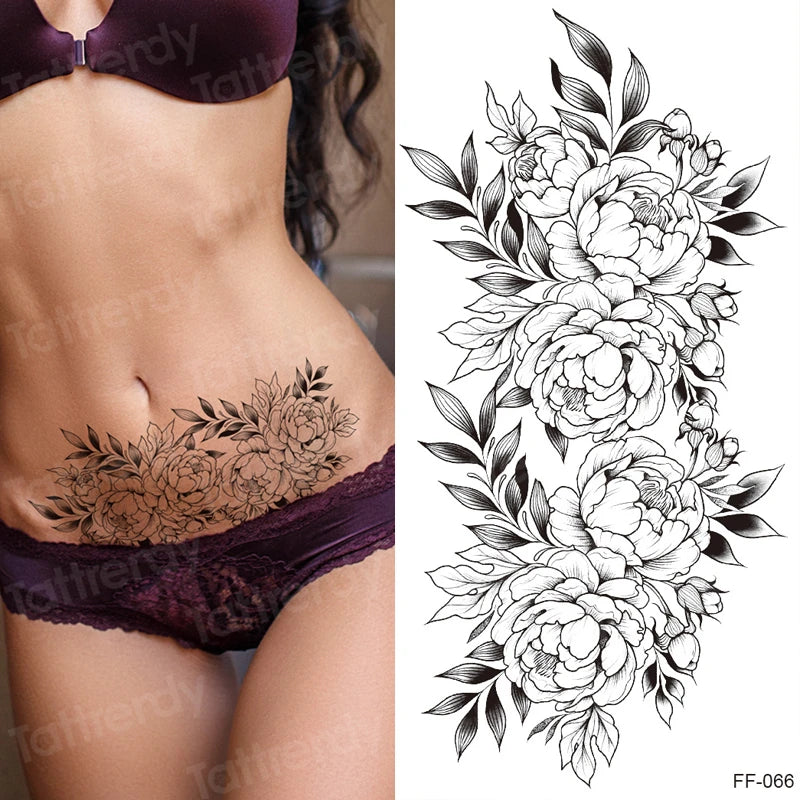 Temporary Tattoo Black Flower Tattoo Sleeves Water Transfer Tatoo Sticker Peony Rose Tattoos Body Art Sexy Tatoo Girl Arm Legs