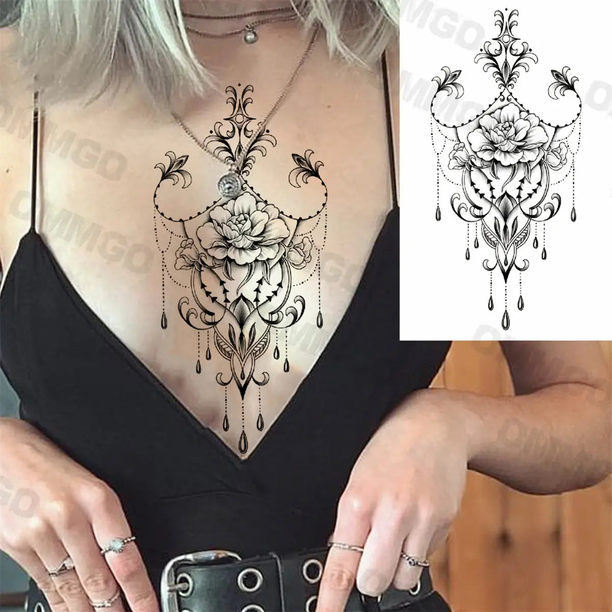 3D Black Mandala Moon Pendant Temporary Tattoos For Women Adult Girl Lotus Rose Flower Fake Tattoo Back Arm Chest Washable Tatoo