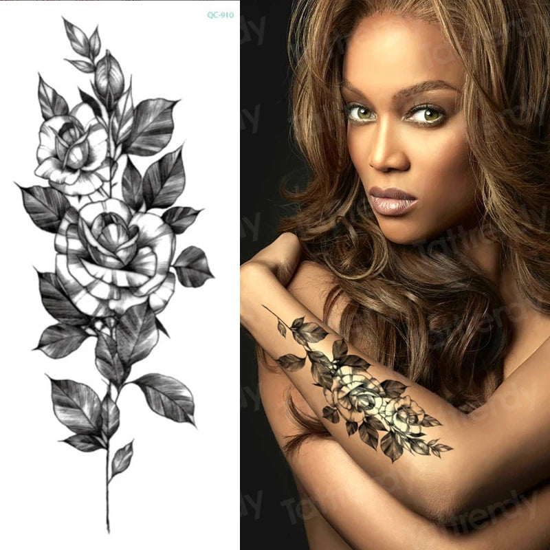 Temporary Tattoo Black Flower Tattoo Sleeves Water Transfer Tatoo Sticker Peony Rose Tattoos Body Art Sexy Tatoo Girl Arm Legs