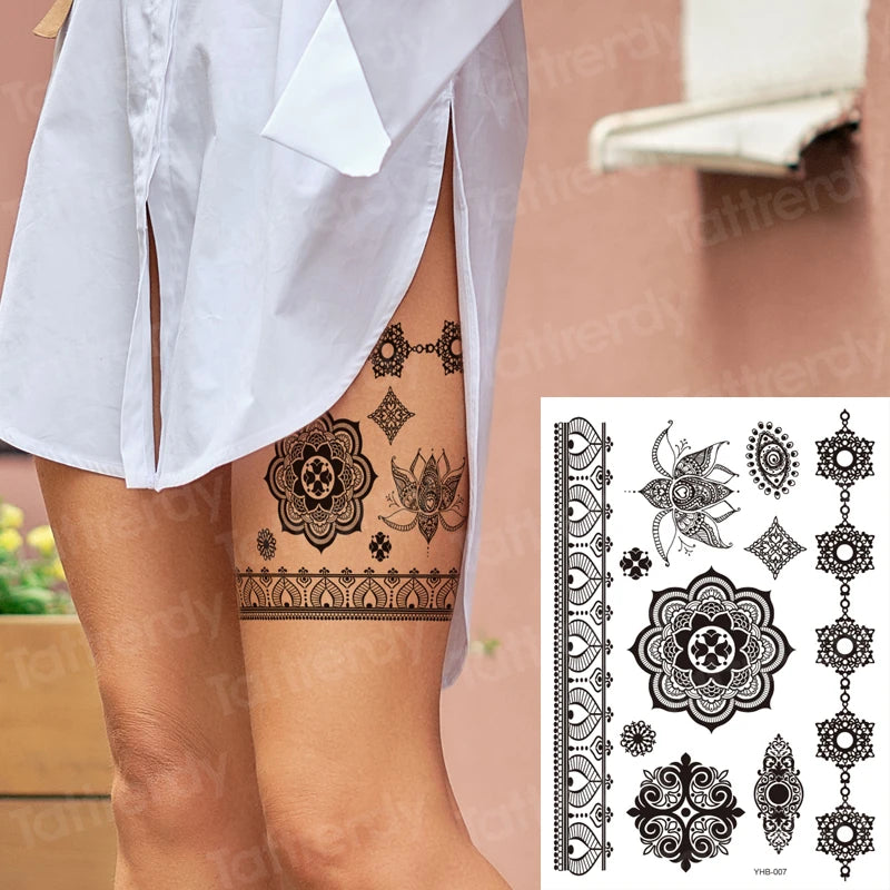 sexy tattoo for women thigh tattoo body art black henna lace tattoo sticker girls leg arm sleeve tatoo stockings waterproof