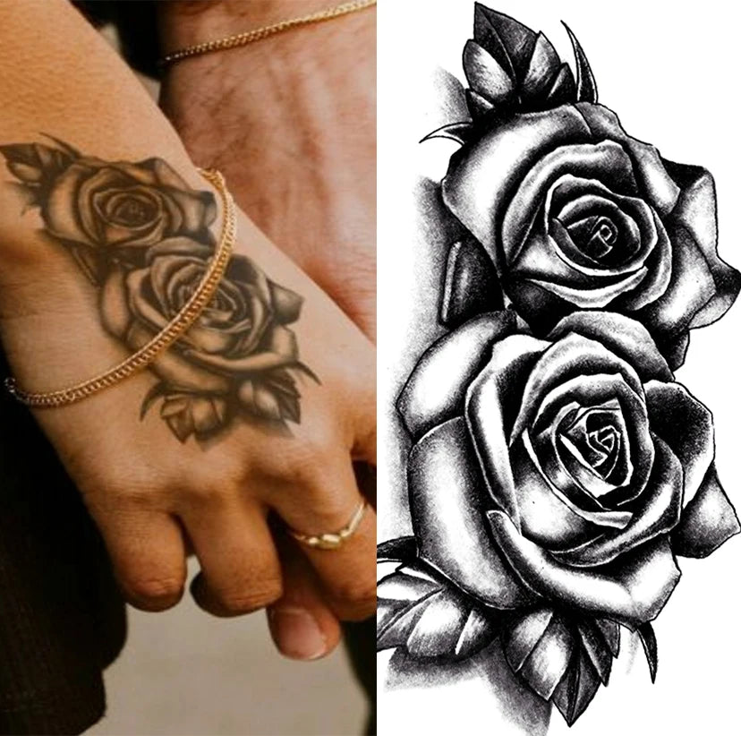 Waterproof Double Rose Temporary Tattoo Sticker Flower Rose Flash Sexy Fake Black Rose Tattoos Body Art Arm Fake Sleeve Tattoo