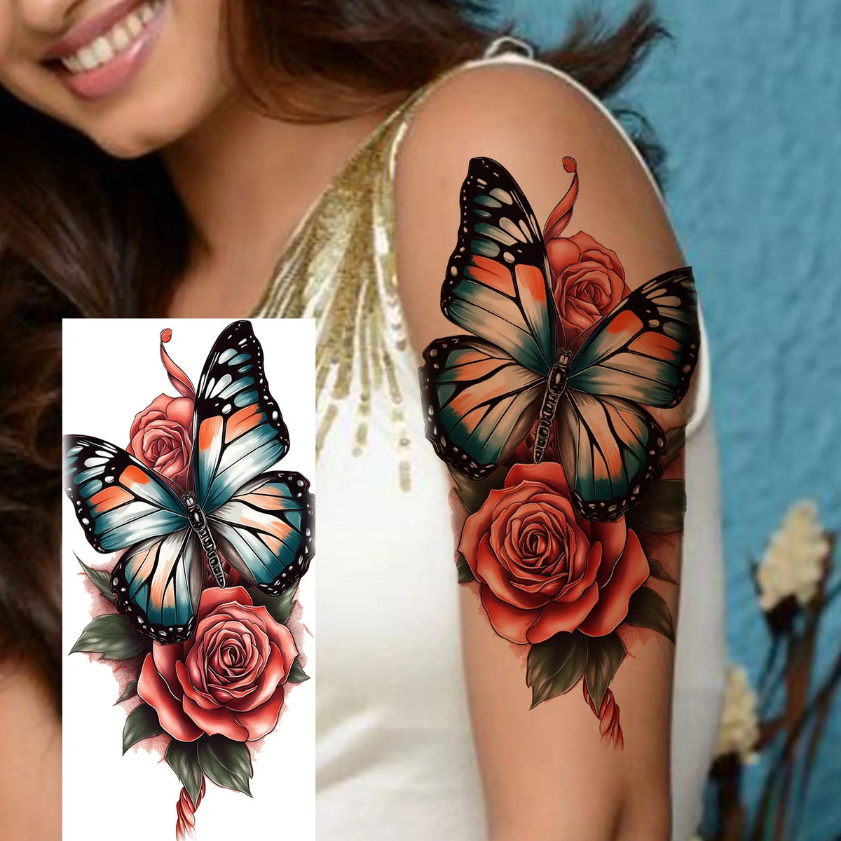 1 Sheet Waterproof Beautiful Butterfly Flowers Temporary Tattoos For Women Girls Tatoos Realistic Fake Tattoos Body Art Stickers