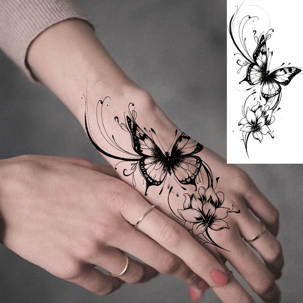 3pcs Butterfly and Flower Tattoo Stickers for Hand Body Art Decor Sexy Temporary Tattoos for Women Men Waterproof Fake Tattoo