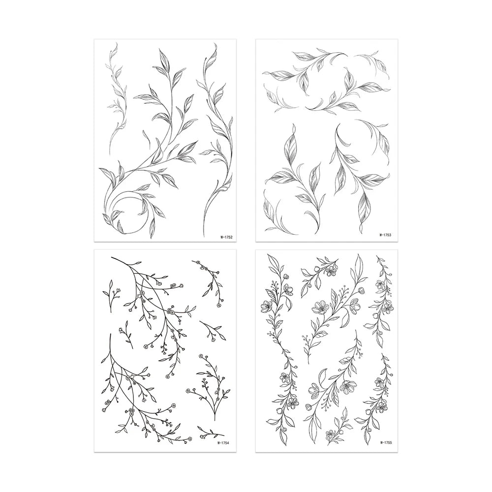 Waterproof Black Flower Temporary Tattoos for Women Floral Leaf Fake Tattoo Sticker for Hand Arm Leg Body Art Decor