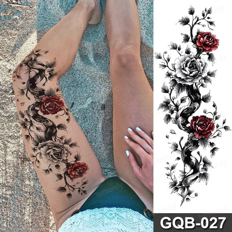 Rose Peony Flower Temporary Tattoo Full Arm Sleeve Leg Thigh Waist Women Body Art Waterproof Tattoo Stickers Large Size 48*17Cm