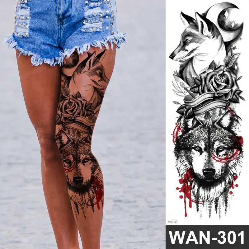 Large Arm Sleeve Tattoo Waterproof Temporary Tattoo Full Arm Body Art Stickers Women Adult Man Tattoo Wolf Lion Head Rose Flower