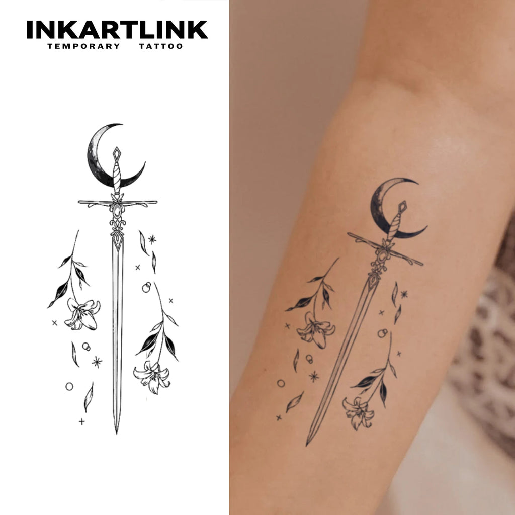 Moon Sword temporary tattoo sticker, waterproof magic tattoo, lasts to 15 days fake tattoo, semi permanent tattoo