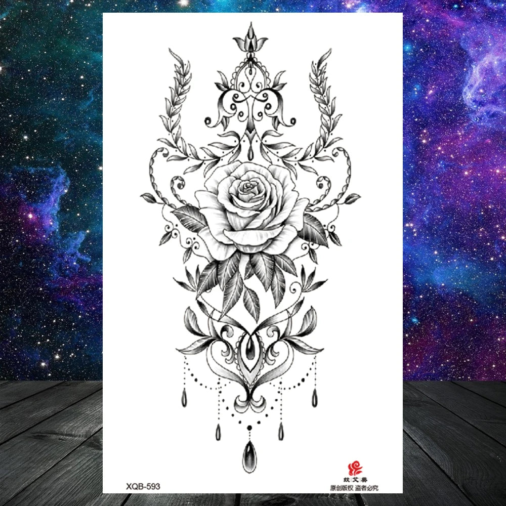 Lotus Flower Temporary Tattoo For Women Girls Snake Peony Lily Rose Chains Tattoos Sticker Black Blossom Fake Transferable Tatoo
