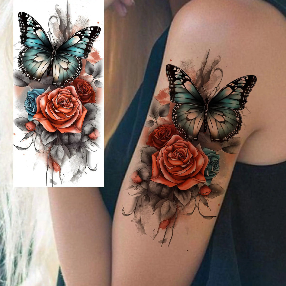 1 Sheet Watercolor Rose Butterfly Temporary Tattoos For Women Realistic Fake Tattoos Waterproof Body Art Tatoo Sticker Last Long
