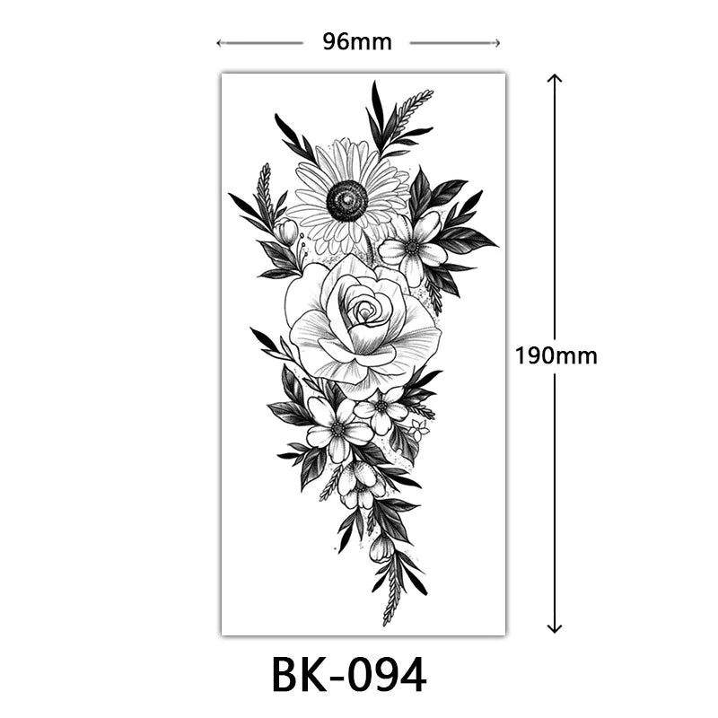 Black Large Flower False Tattoo Sticker For Women Rose Peony Temporary DIY Water Transfer Tattoos Girls Hand Back Body Art