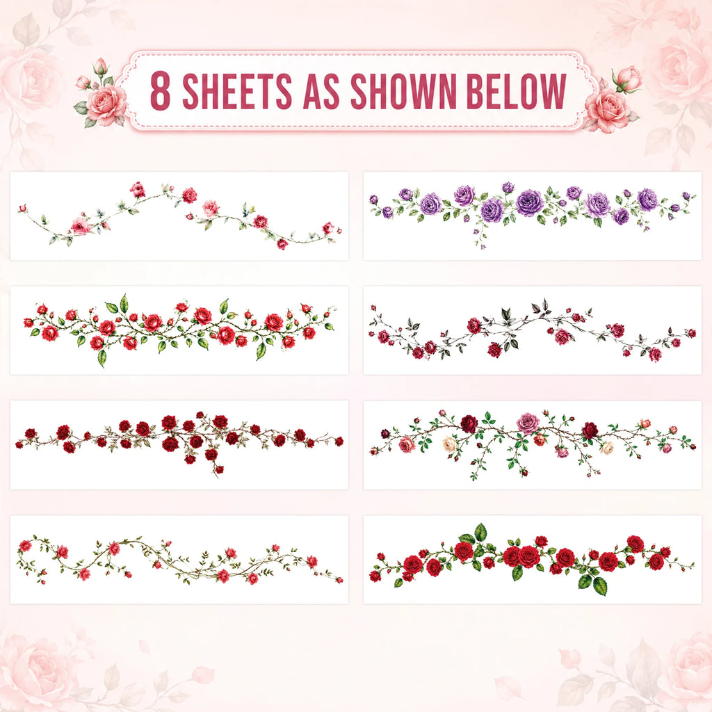 8 Sheets of Large, Rose Vine Plant Temporary Tattoos for Women - Long-Lasting Arm Tattoos, Body Stickers for Face, Arm, Chest, W
