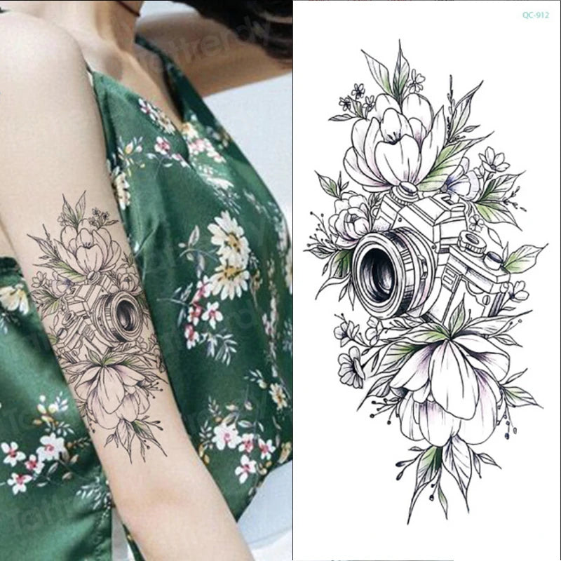 Temporary Tattoo Black Flower Tattoo Sleeves Water Transfer Tatoo Sticker Peony Rose Tattoos Body Art Sexy Tatoo Girl Arm Legs
