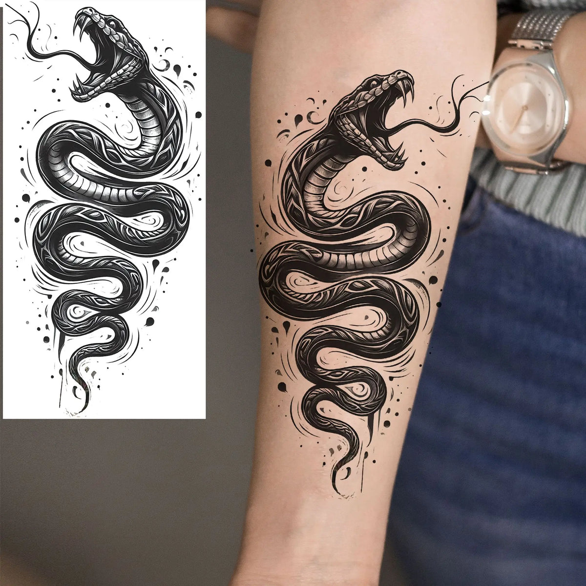 1 Sheet Snake With Rose Flowers Temporary Tattoos For Women Girls Waterproof Realistic Fake Tattoos Long Lasting Arm Leg Sticker