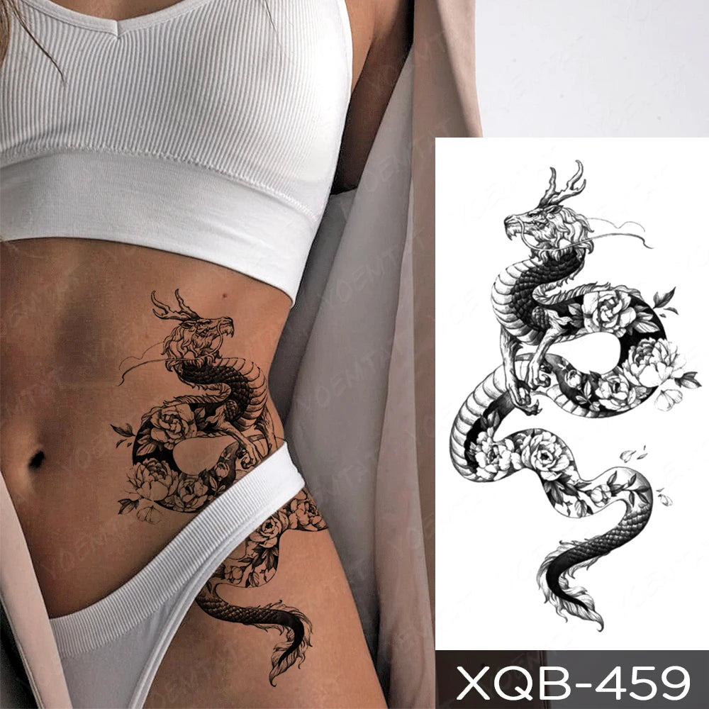 Waterproof Temporary Tattoo Sticker Dragon Snake Rose Flower Dark Style Totem Sexy Body Art Arm Fake Tattoos Sleeve Women Men