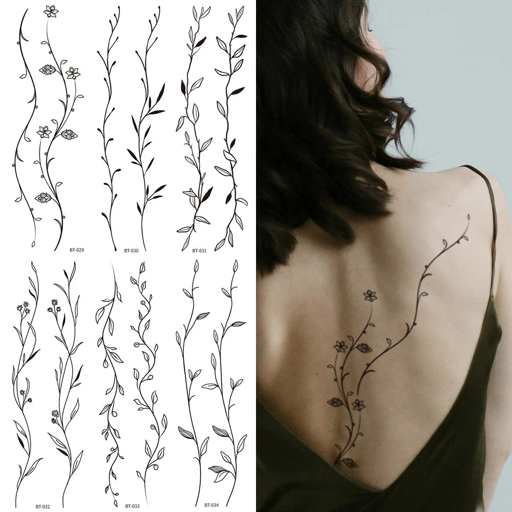6Pcs Sexy Line Flower Tattoo Stickers, Simple Black Style Flower Temporary Tattoos, Waist, Back, Legs, Body Art Waterproof Tatto