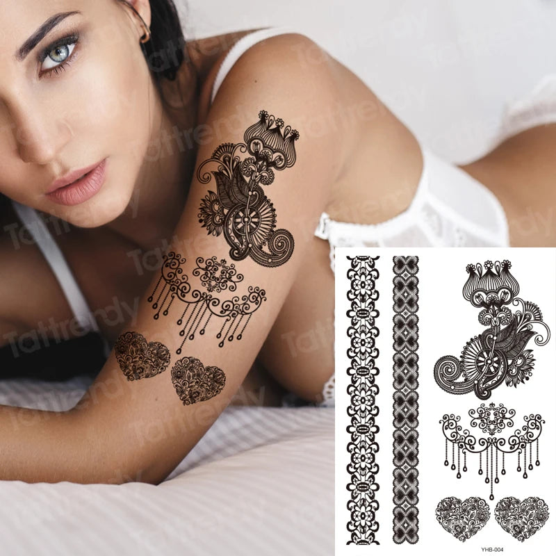wrist bracelet tattoo henna lace pattern black sexy indian mandala temporary tattoo sticker hand rose tatoo flower jewelry decal
