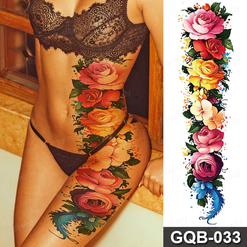 Rose Peony Flower Temporary Tattoo Full Arm Sleeve Leg Thigh Waist Women Body Art Waterproof Tattoo Stickers Large Size 48*17Cm