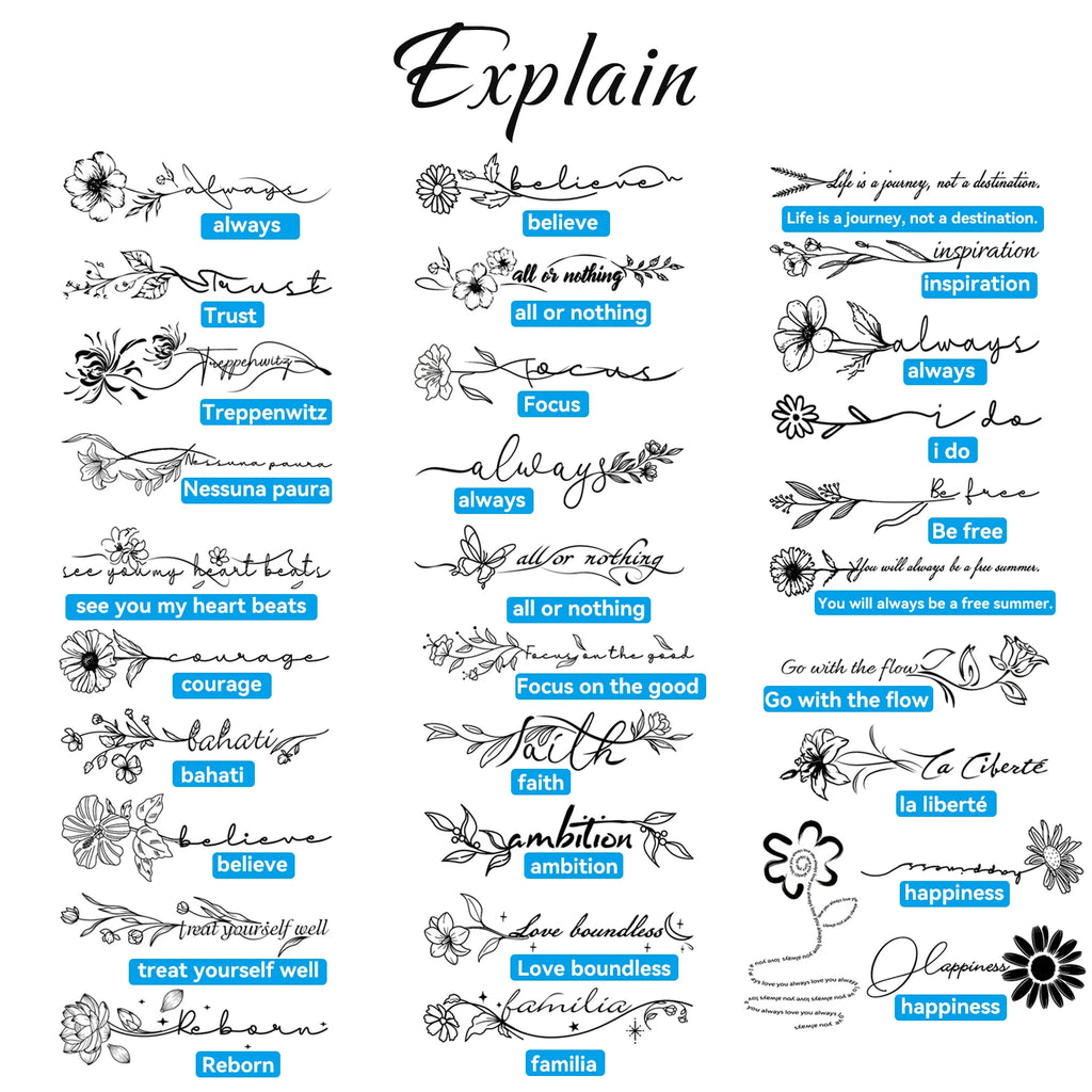 6 Sheets Semi-Permanent Temporary Tattoos for Women Long Line Flower Words Tattoos for Adult 100% Plant-Based Ink Waterproof