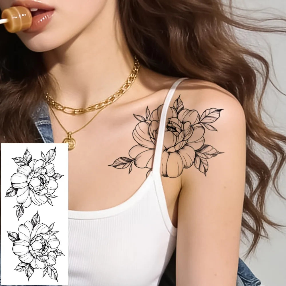 8pcs Realistic Black Rose Peony Temporary Tattoo for Women Waterproof Long-Lasting Floral Sketch Stickers for Arms Legs Body Art