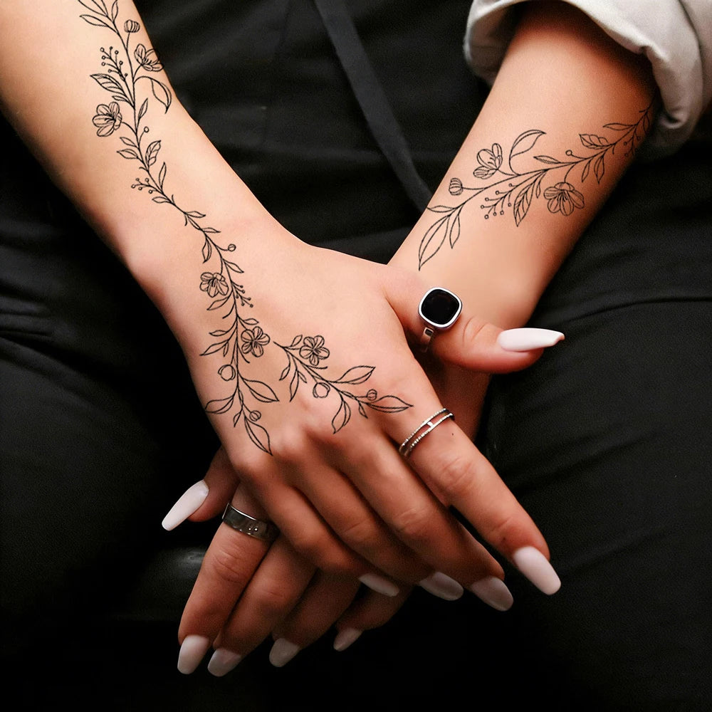 Waterproof Black Flower Tattoo Stickers for Women Leaf Floral Temporary Tattoos for Hand Arm Leg Body Art Decor Fake Tattoo