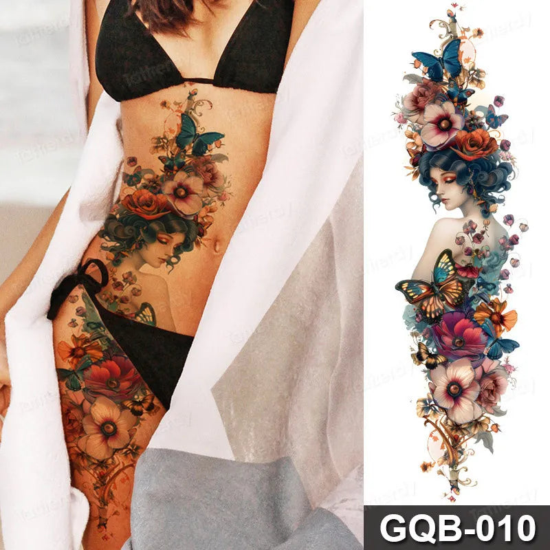 Rose Peony Flower Temporary Tattoo Full Arm Sleeve Leg Thigh Waist Women Body Art Waterproof Tattoo Stickers Large Size 48*17Cm