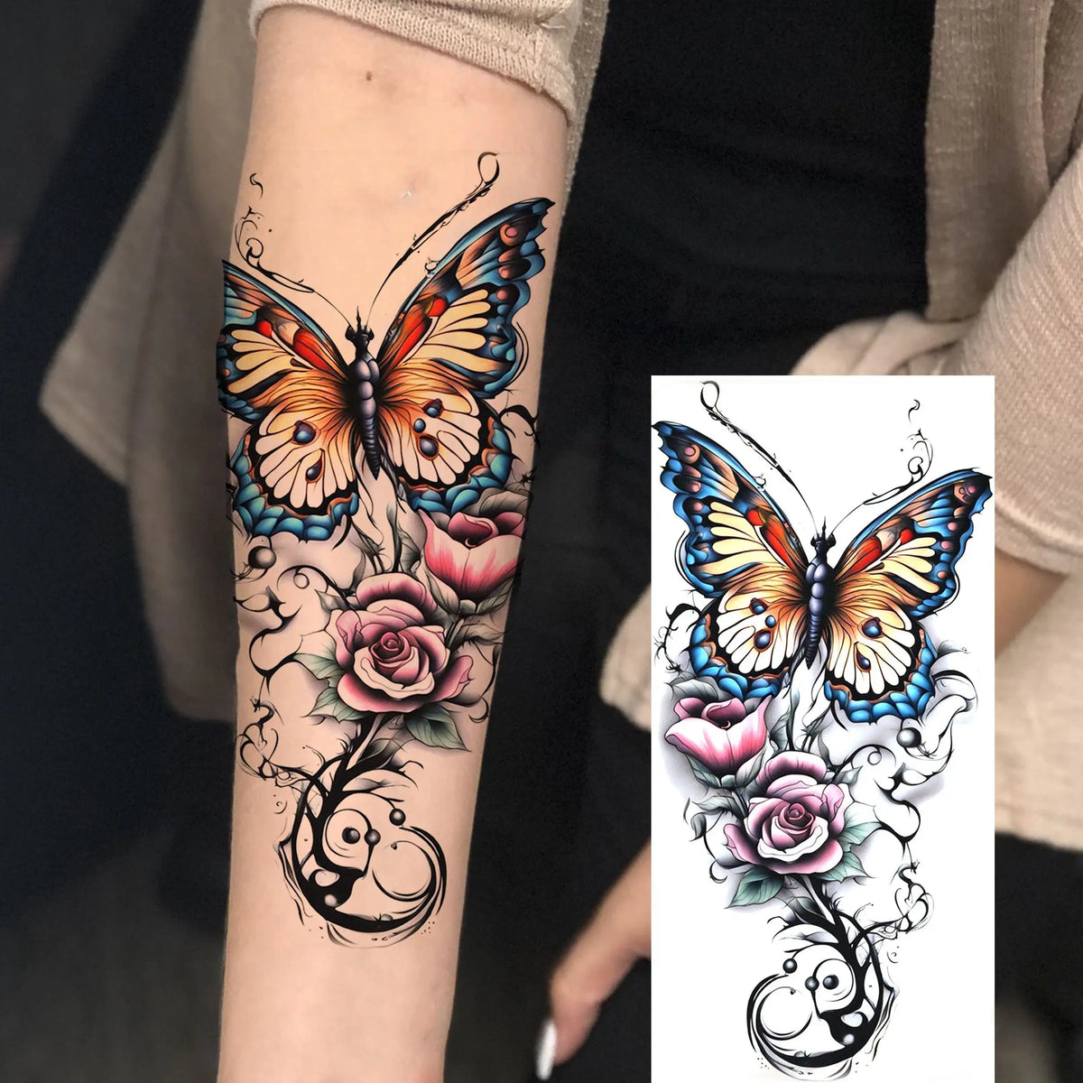 1 Sheet Watercolor Rose Butterfly Temporary Tattoos For Women Realistic Fake Tattoos Waterproof Body Art Tatoo Sticker Last Long