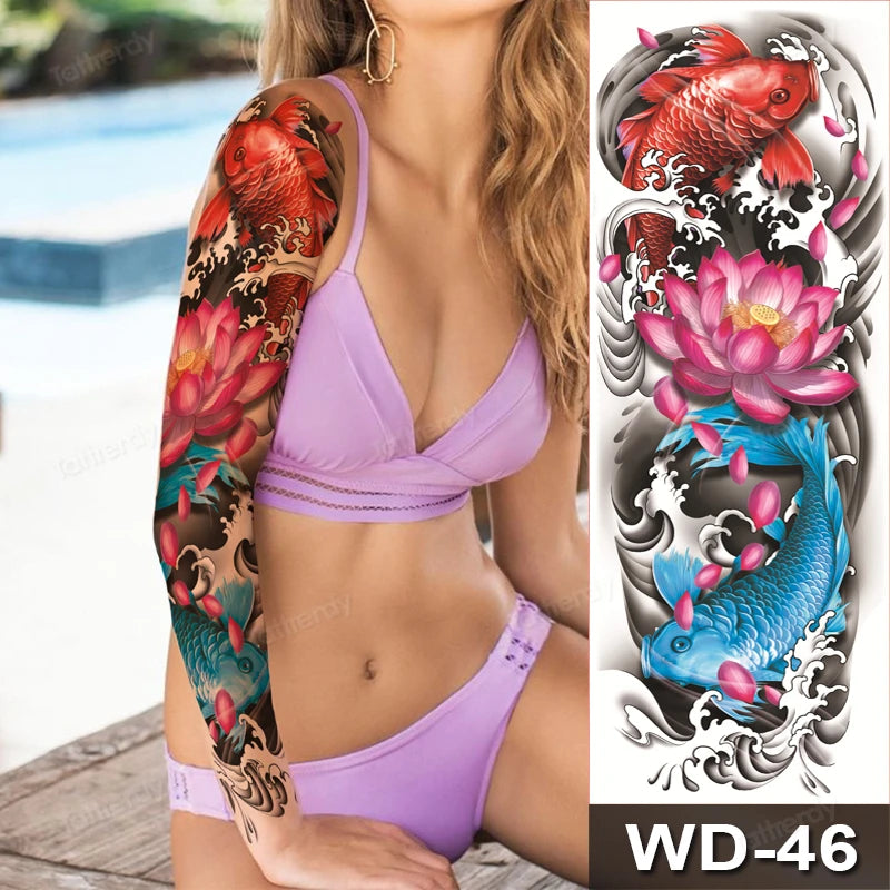 Large Arm Sleeve Tattoo Waterproof Temporary Tattoo Full Arm Body Art Stickers Women Adult Man Tattoo Wolf Lion Head Rose Flower