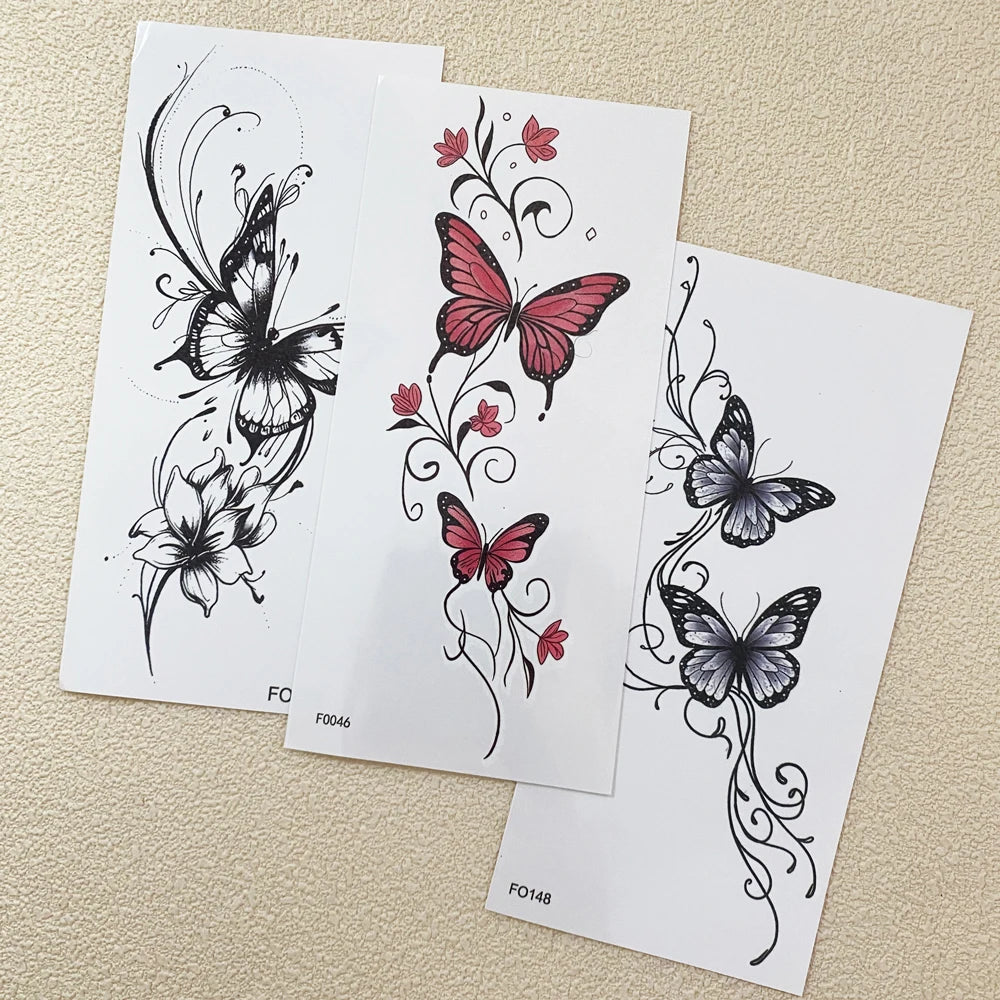 3pcs Butterfly and Flower Tattoo Stickers for Hand Body Art Decor Sexy Temporary Tattoos for Women Men Waterproof Fake Tattoo