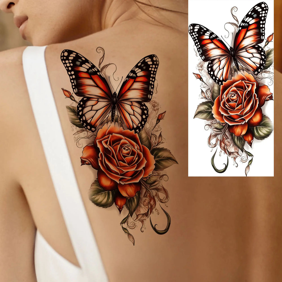 1 Sheet Watercolor Rose Butterfly Temporary Tattoos For Women Realistic Fake Tattoos Waterproof Body Art Tatoo Sticker Last Long