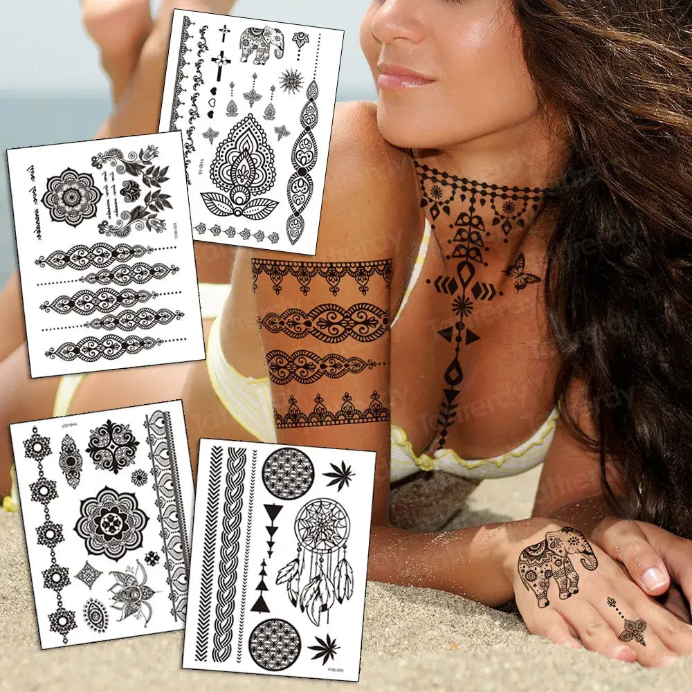 wrist bracelet tattoo henna lace pattern black sexy indian mandala temporary tattoo sticker hand rose tatoo flower jewelry decal