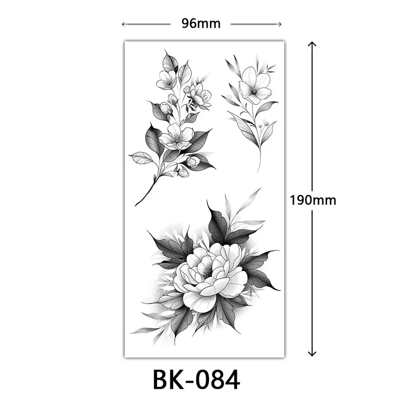 Black Large Flower False Tattoo Sticker For Women Rose Peony Temporary DIY Water Transfer Tattoos Girls Hand Back Body Art