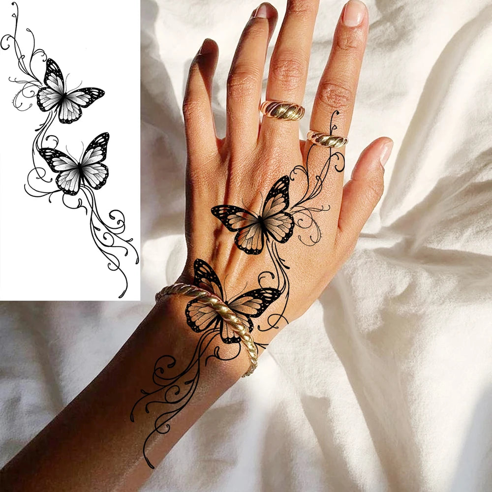 3pcs Butterfly and Flower Tattoo Stickers for Hand Body Art Decor Sexy Temporary Tattoos for Women Men Waterproof Fake Tattoo