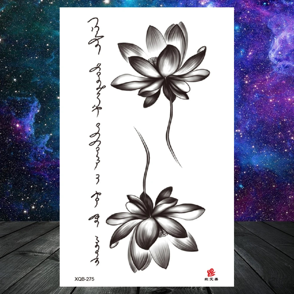 Lotus Flower Temporary Tattoo For Women Girls Snake Peony Lily Rose Chains Tattoos Sticker Black Blossom Fake Transferable Tatoo