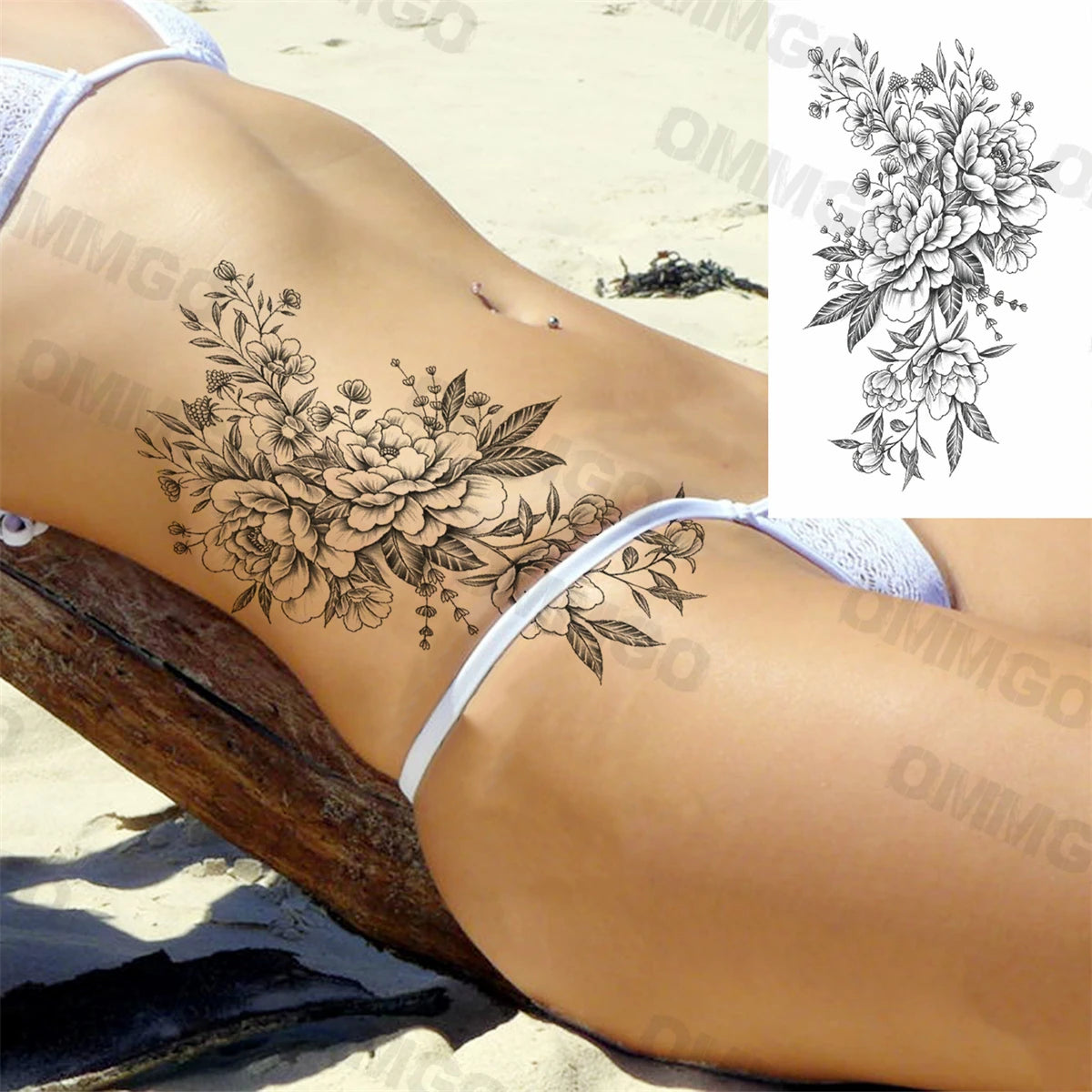 3D Black Mandala Moon Pendant Temporary Tattoos For Women Adult Girl Lotus Rose Flower Fake Tattoo Back Arm Chest Washable Tatoo